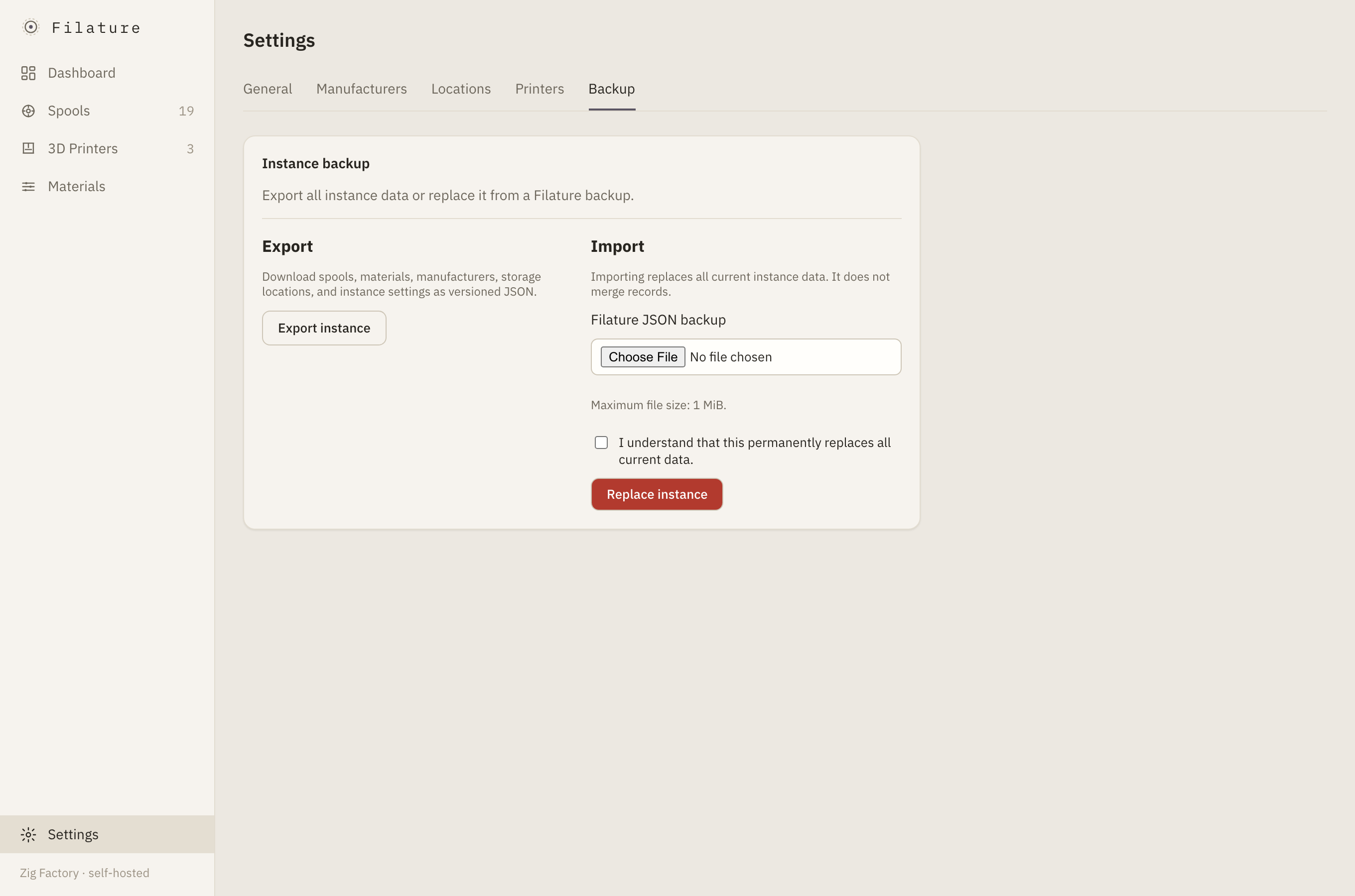 Settings backup tab with full-instance export and import controls