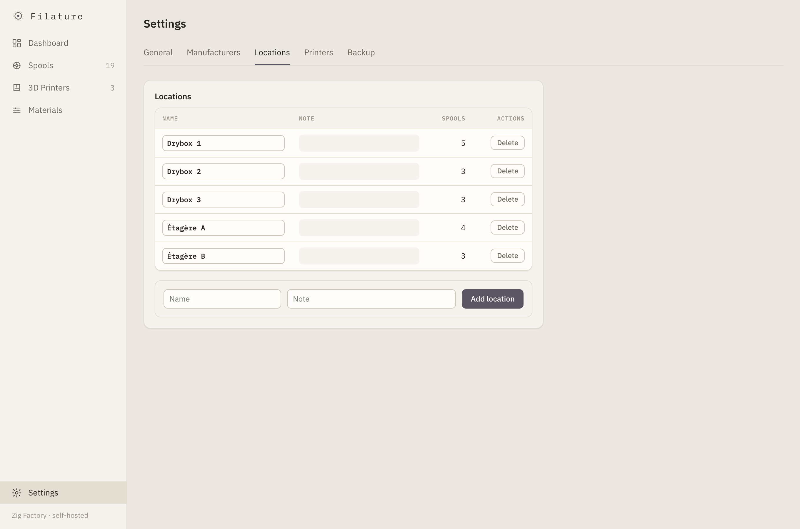 Settings page listing spool storage locations