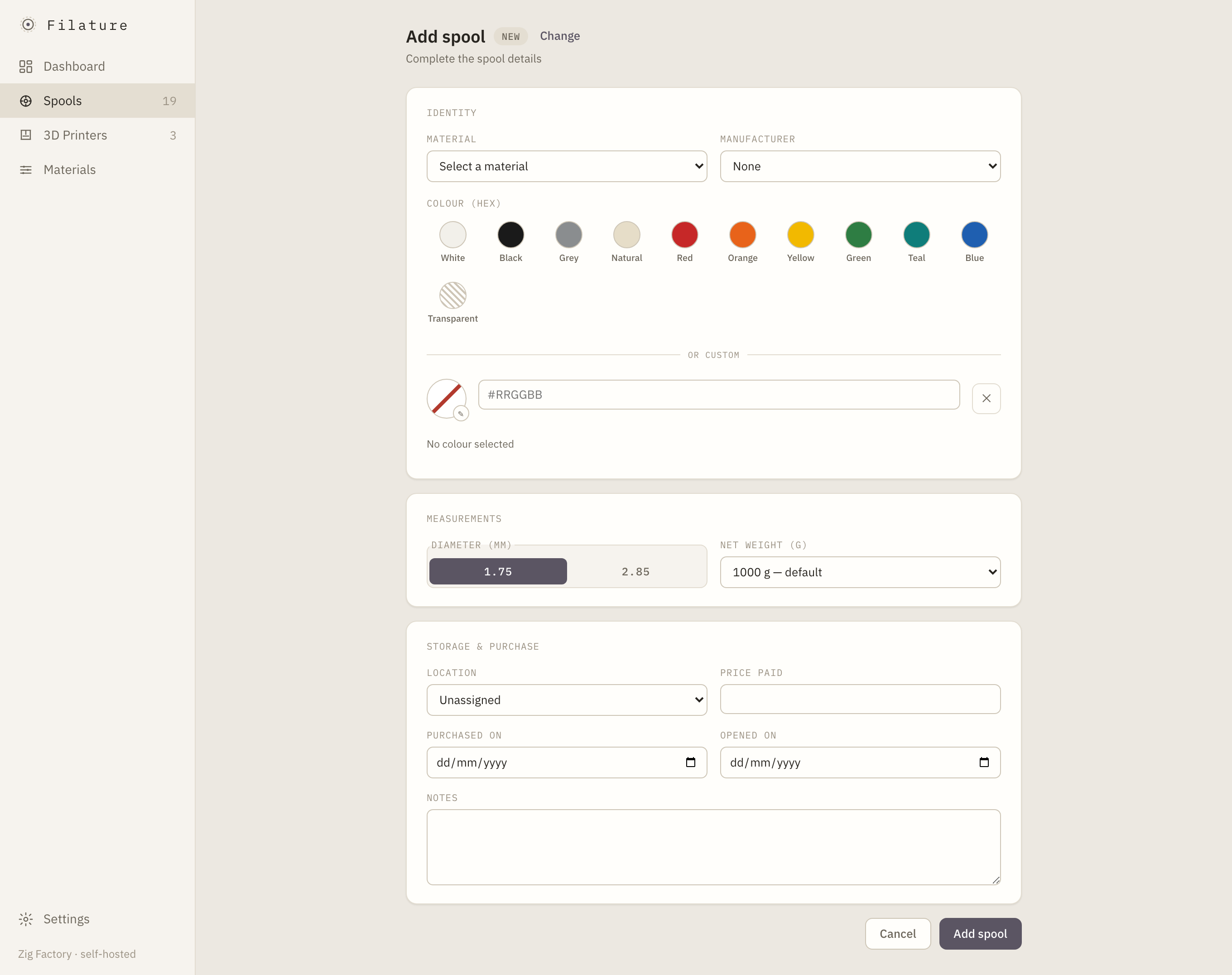 Second step of the add-spool wizard with identity, measurements, storage, and purchase fields