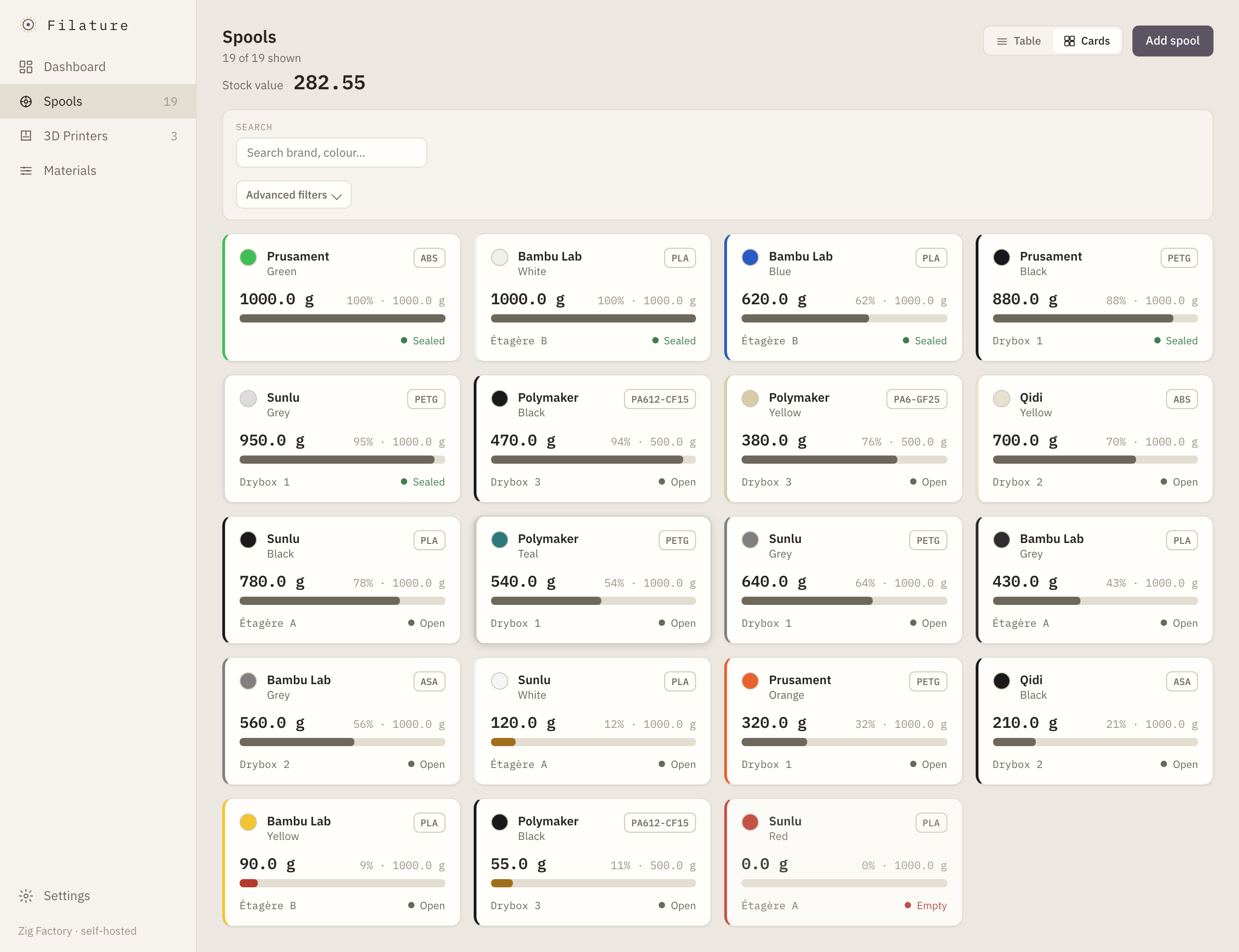Spool inventory displayed as colour-coded cards