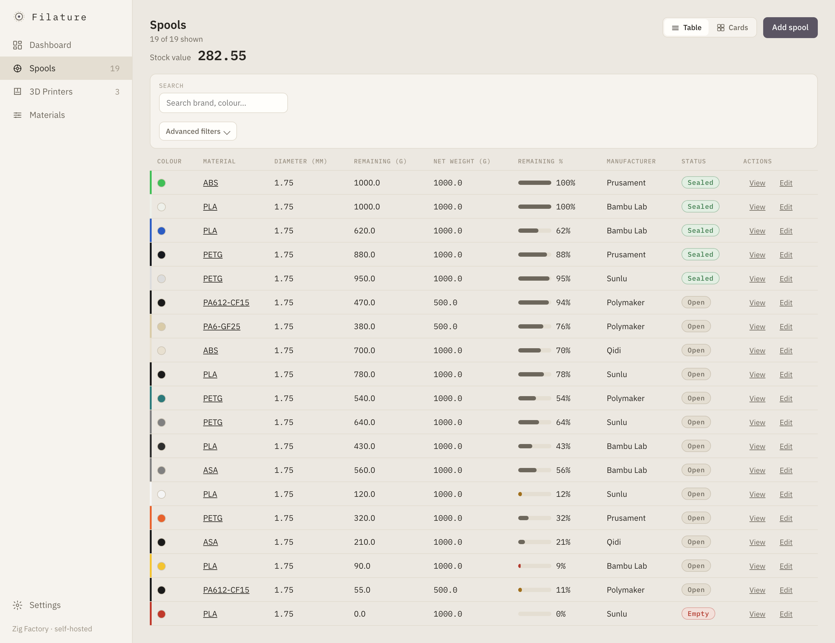 Filterable spool inventory table with inline remaining-weight gauges